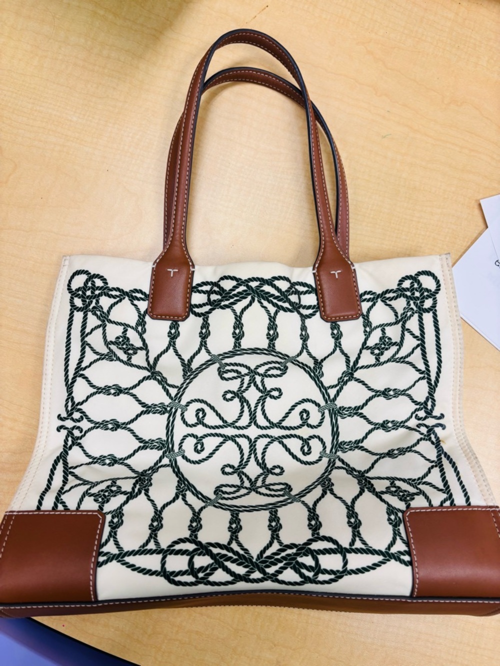 Tory Burch Cream Tote Medium with Green Rope Embroidery and Brown Leather Trim